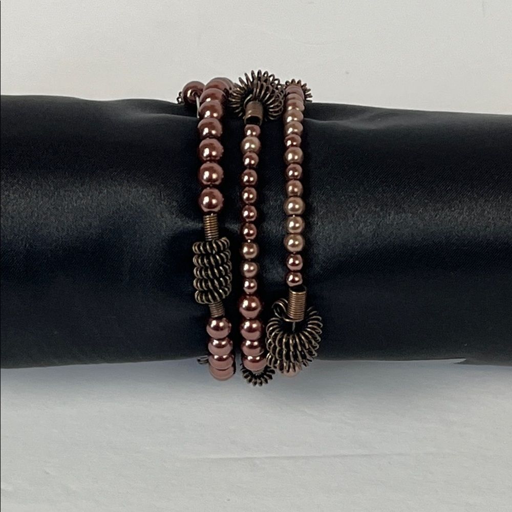 Beaded Faux Pearl Bronze Coil Wired Bracelet OS Boho Steampunk Quirky Artsy